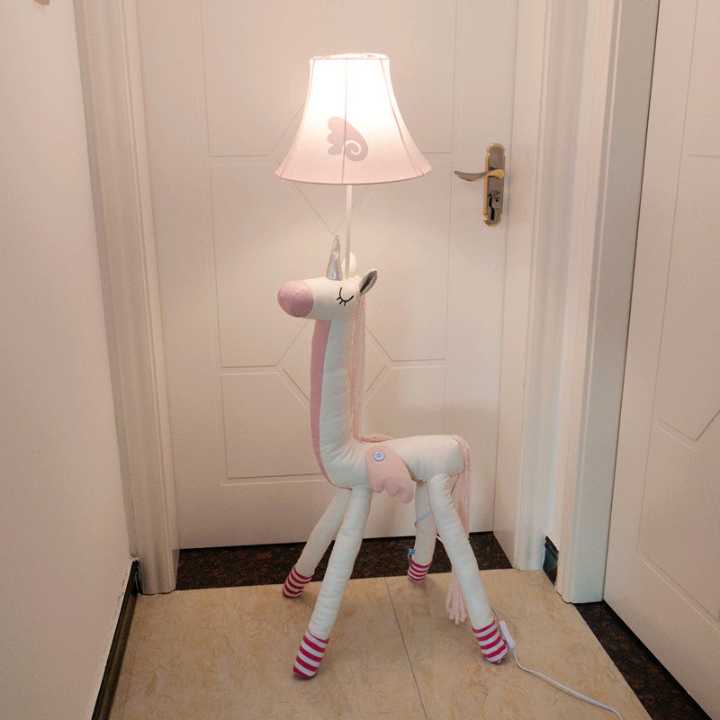 Cartoon Plush Unicorn Floor Lighting Fabric 1 Head Kids Bedroom Standing Lamp with Bell Shade in Pink