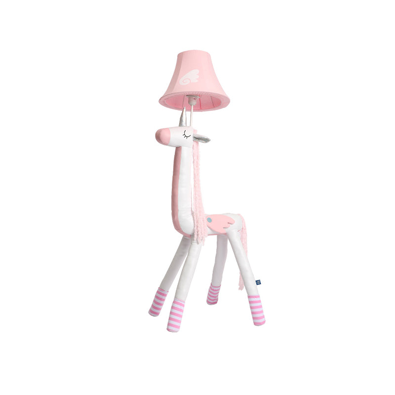 Cartoon Plush Unicorn Floor Lighting Fabric 1 Head Kids Bedroom Standing Lamp with Bell Shade in Pink