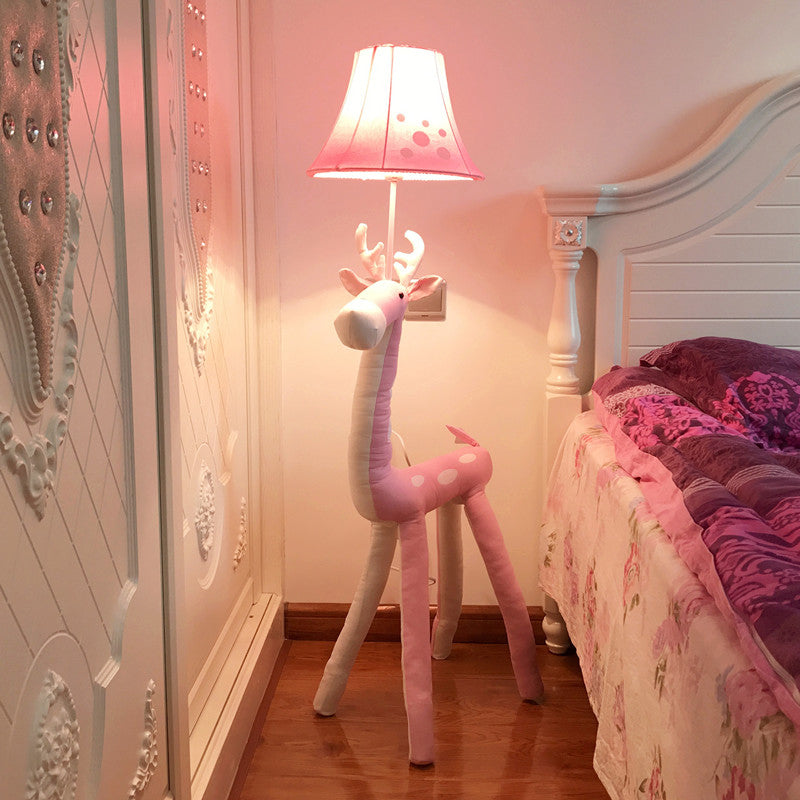 Soft Deer Stand Up Lamp Cartoon Fabric Single-Bulb Girl's Bedside Floor Standing Light with Lampshade in Pink