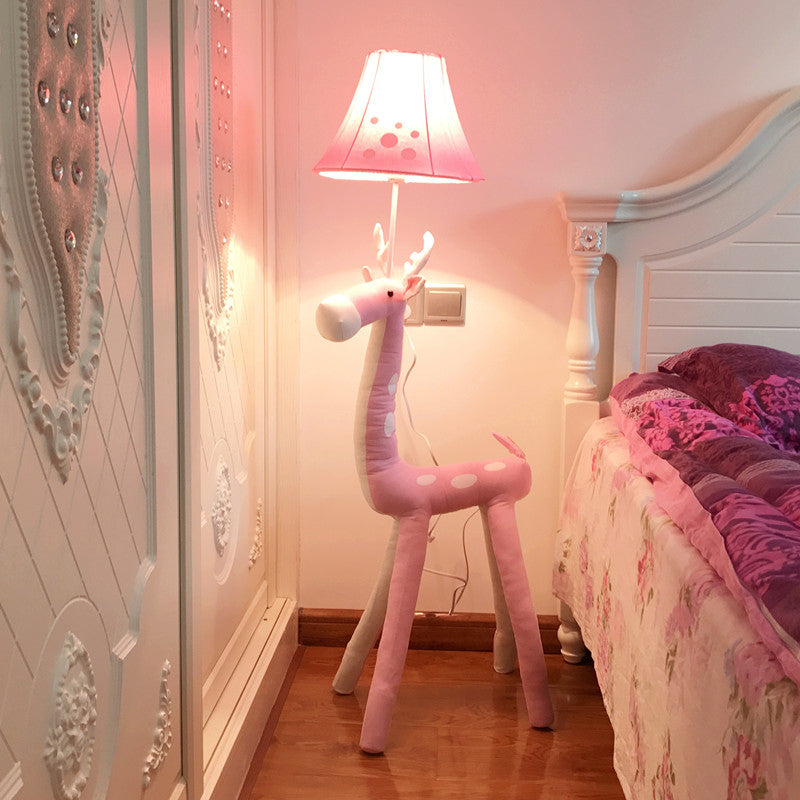 Soft Deer Stand Up Lamp Cartoon Fabric Single-Bulb Girl's Bedside Floor Standing Light with Lampshade in Pink