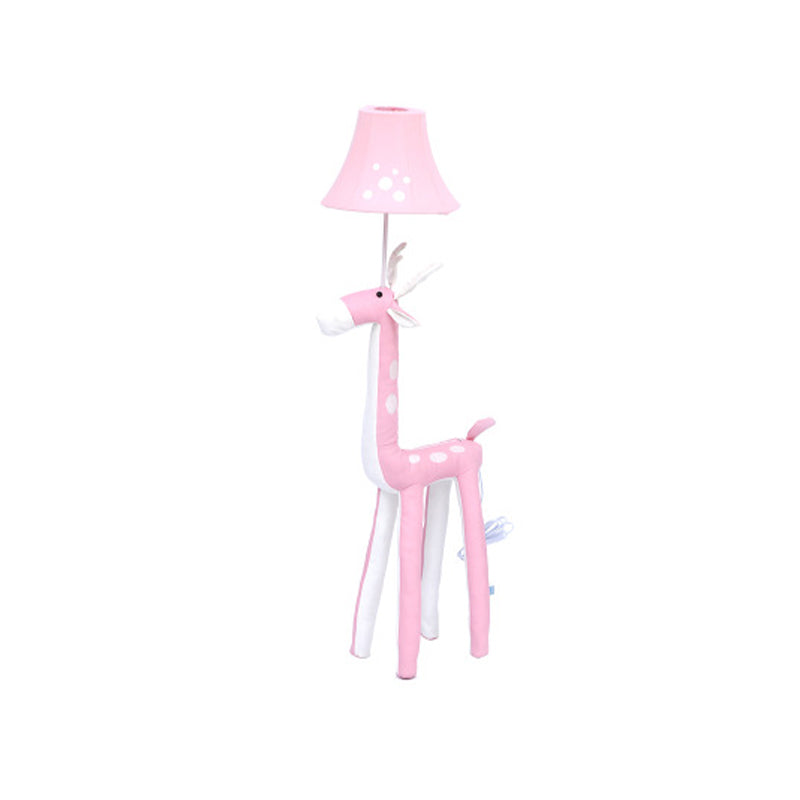 Soft Deer Stand Up Lamp Cartoon Fabric Single-Bulb Girl's Bedside Floor Standing Light with Lampshade in Pink