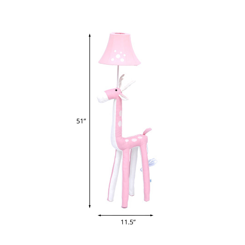 Soft Deer Stand Up Lamp Cartoon Fabric Single-Bulb Girl's Bedside Floor Standing Light with Lampshade in Pink