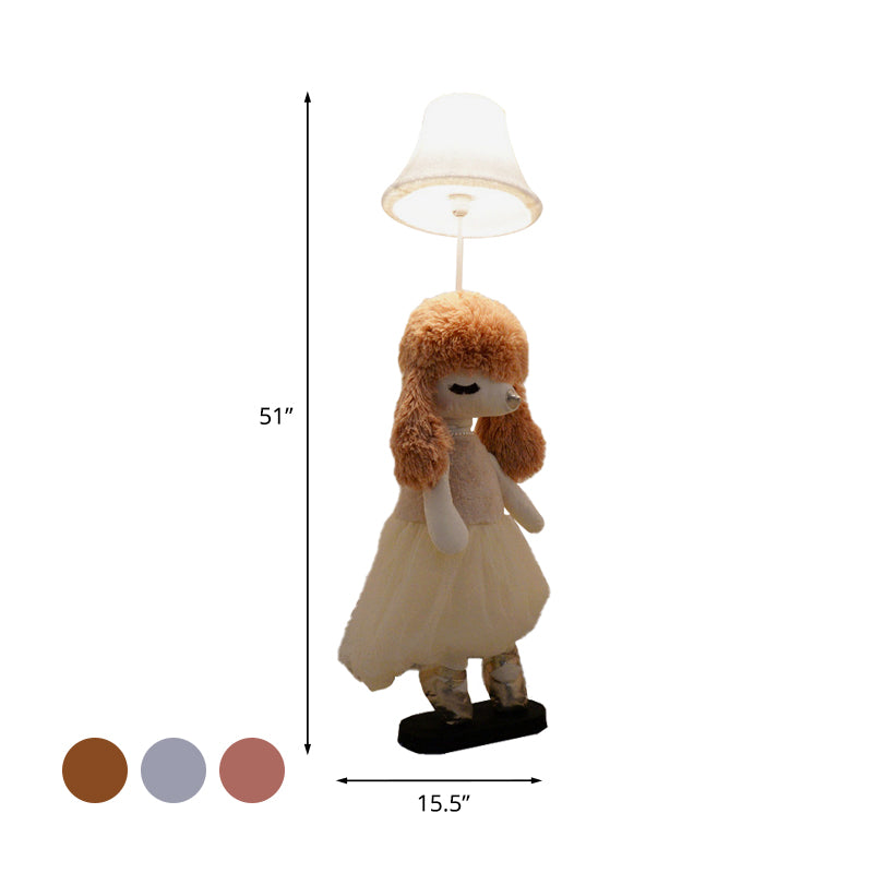 Kinderpoedel Princess Fabric Floor Light 1-Bulb Leesvloer Lamp in grijs/roze/bruin met witte schaduw