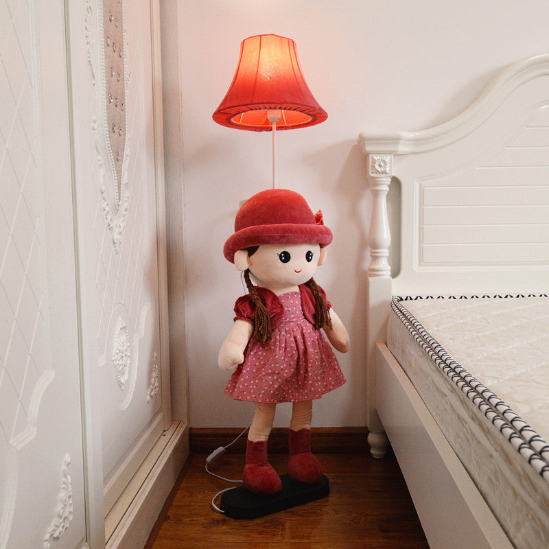 1-Light Bedside Standing Lamp Kids Red/Blue/Green Floor Light with Flared Fabric Shade and Plush Girl Stand