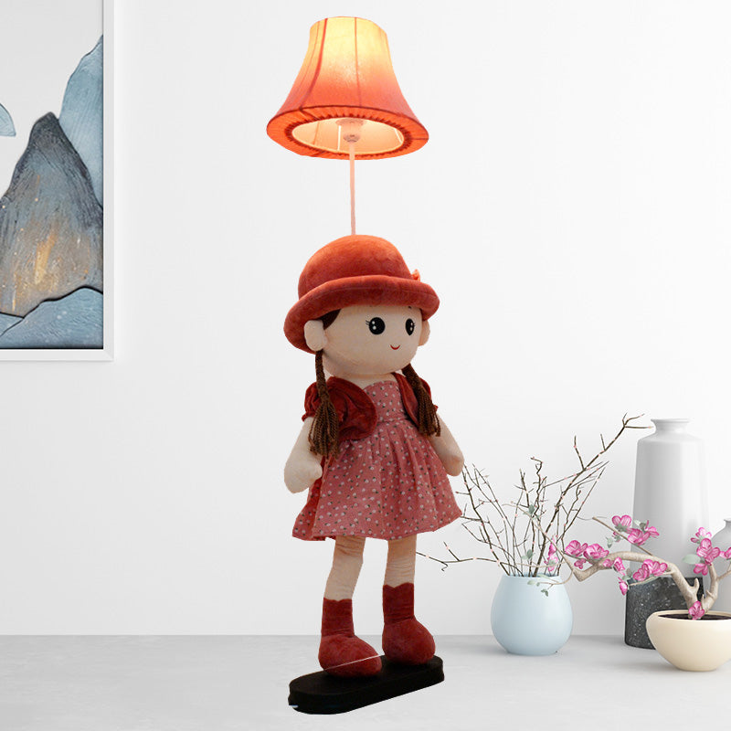 1-Light Bedside Standing Lamp Kids Red/Blue/Green Floor Light with Flared Fabric Shade and Plush Girl Stand