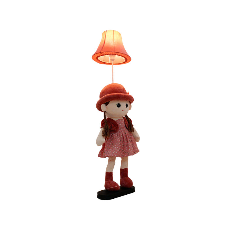 1-Light Bedside Standing Lamp Kids Red/Blue/Green Floor Light with Flared Fabric Shade and Plush Girl Stand