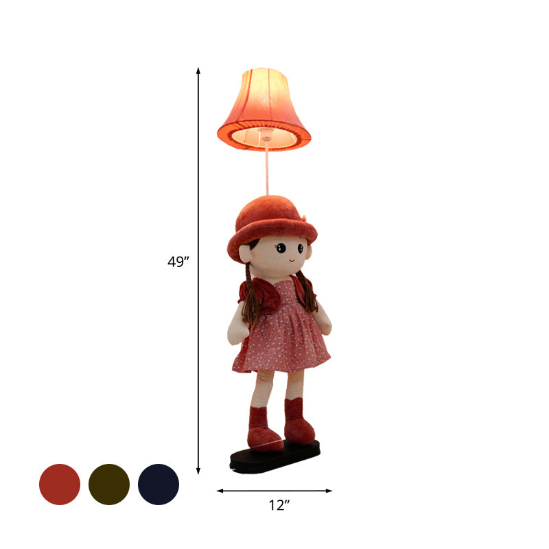 1-Light Bedside Standing Lamp Kids Red/Blue/Green Floor Light with Flared Fabric Shade and Plush Girl Stand