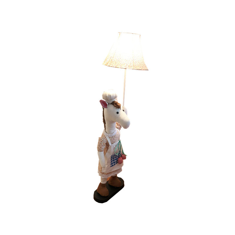 White Horse Chef Floor Lighting Cartoon 1 Head Fabric Stand Up Lamp with Floral Fabric Shade