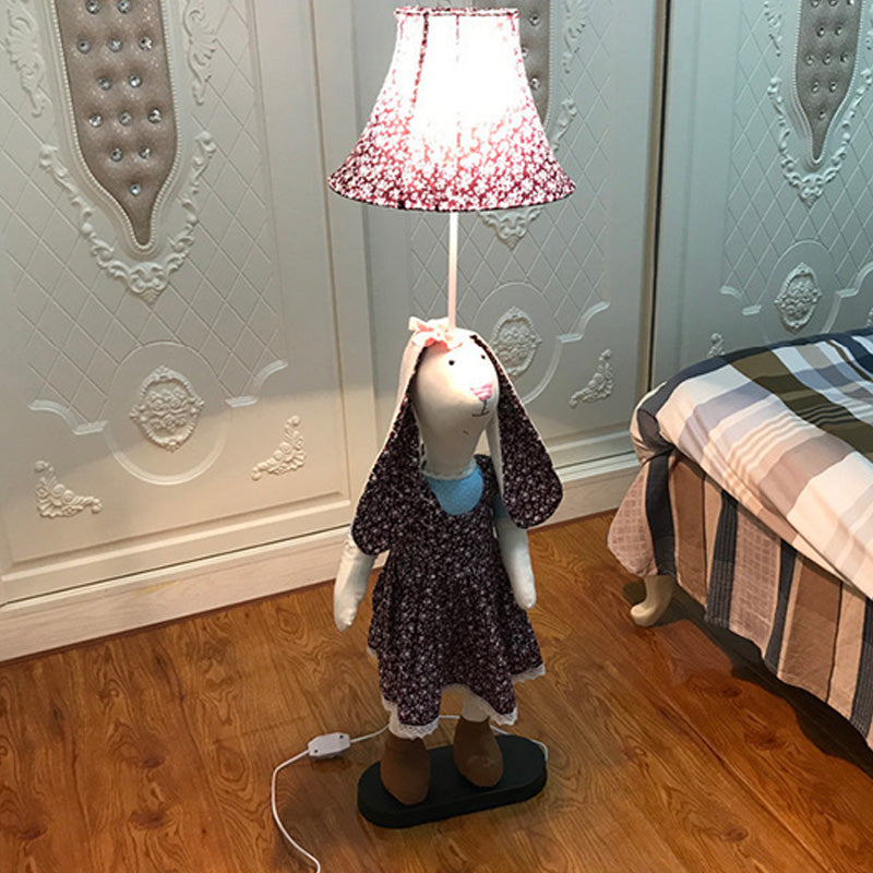 Printed Fabric Rabbit Standing Floor Light Cartoon Style Single Purple Stand Up Lamp with Shade