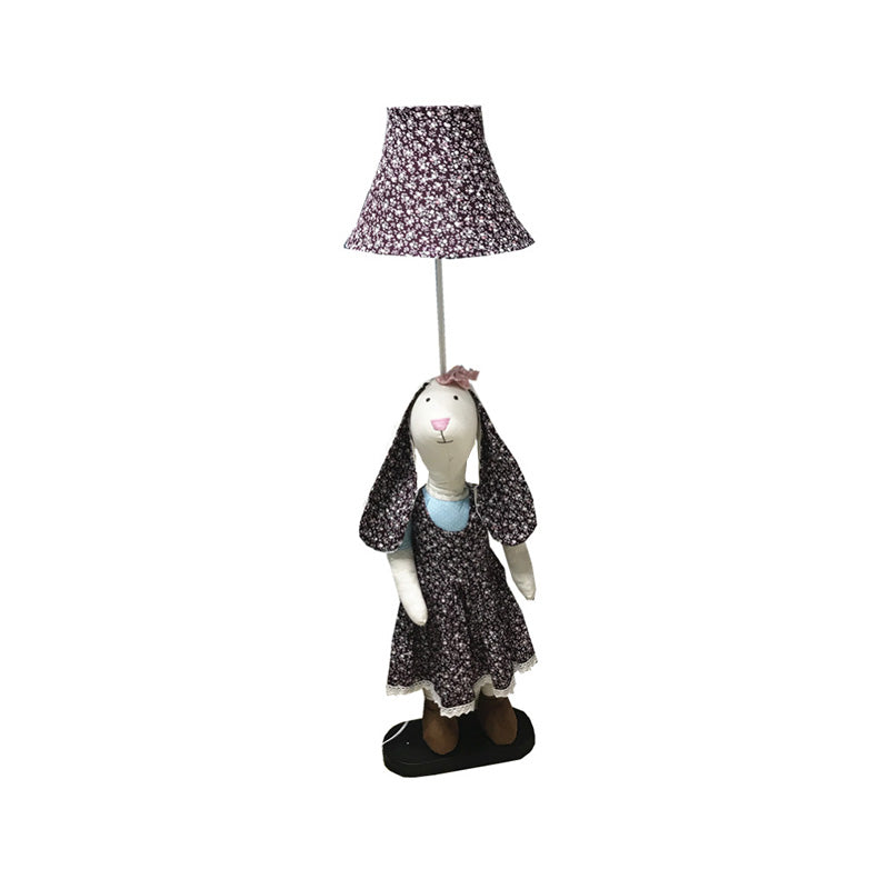 Printed Fabric Rabbit Standing Floor Light Cartoon Style Single Purple Stand Up Lamp with Shade