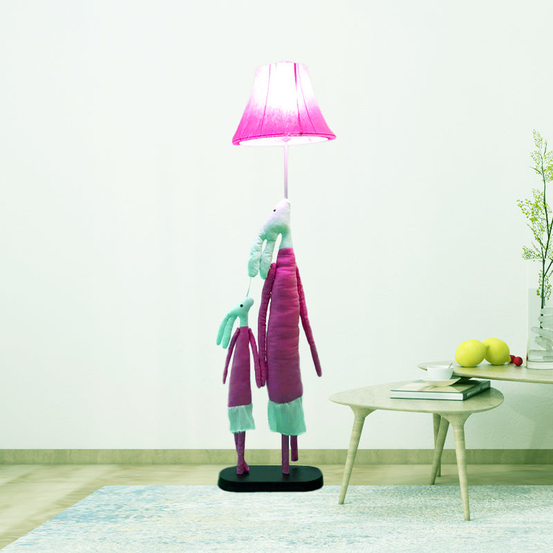 Cartoon 1-Light Floor Lighting Blue/Rose Red Rabbit Mon and Kid Standing Light with Flared Lampshade