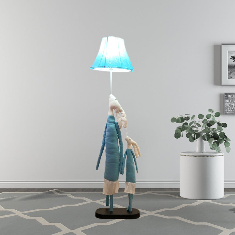 Cartoon 1-Light Floor Lighting Blue/Rose Red Rabbit Mon and Kid Standing Light with Flared Lampshade