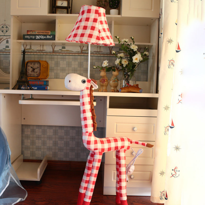 Checkered Fabric Deer Floor Light Kids 1-Head Coffee/Red Floor Reading Lamp with Bell Shade