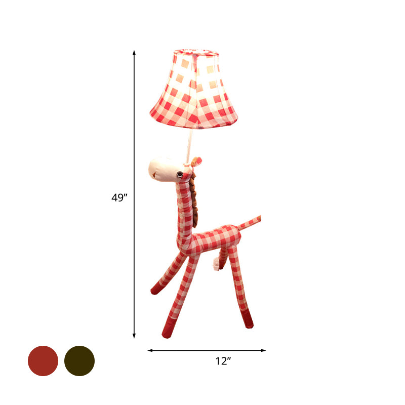 Checkered Fabric Deer Floor Light Kids 1-Head Coffee/Red Floor Reading Lamp with Bell Shade