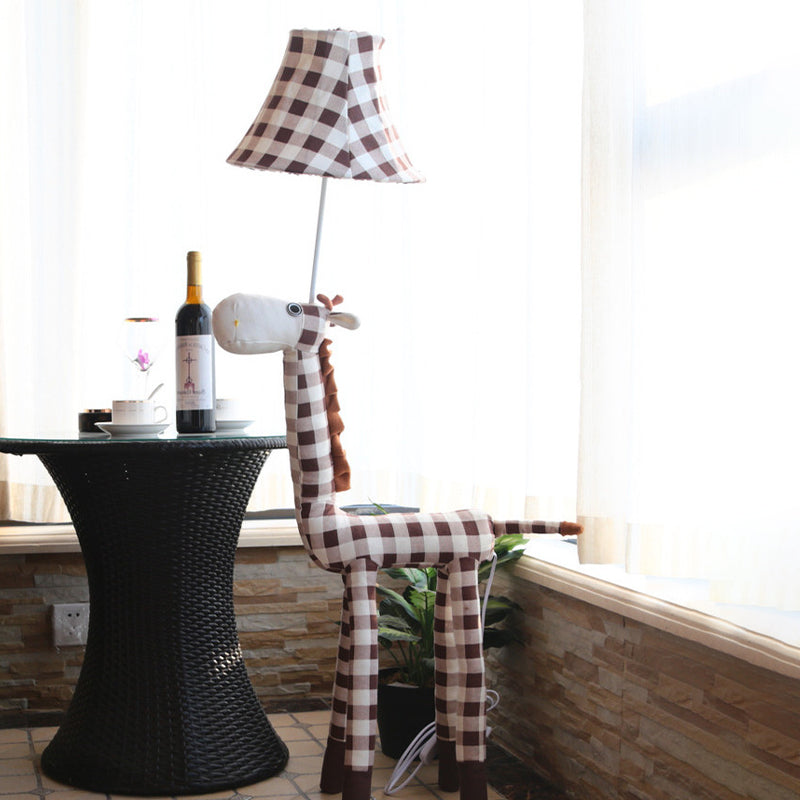 Checkered Fabric Deer Floor Light Kids 1-Head Coffee/Red Floor Reading Lamp with Bell Shade