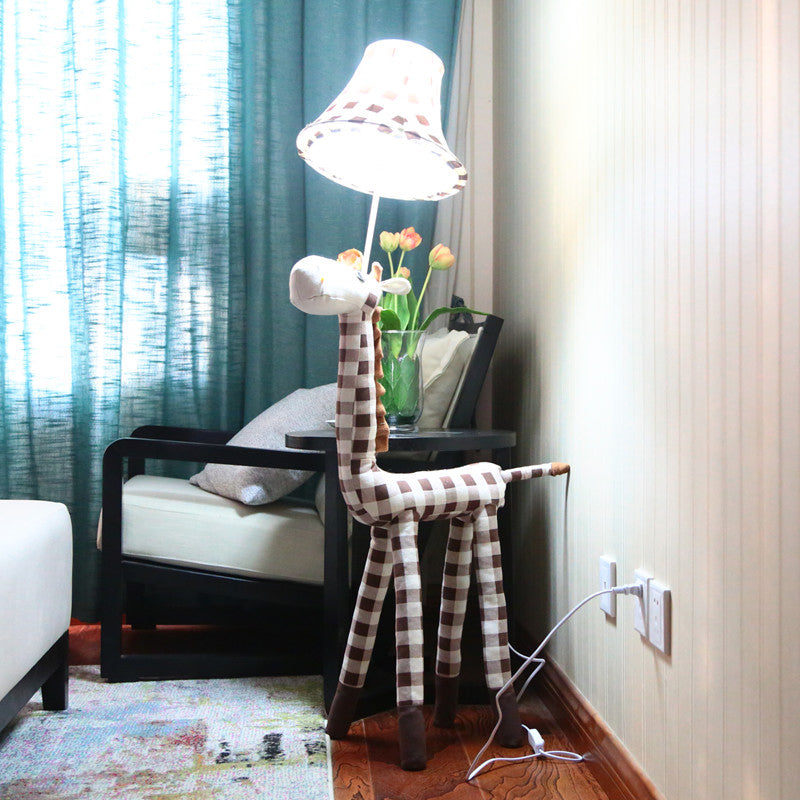 Checkered Fabric Deer Floor Light Kids 1-Head Coffee/Red Floor Reading Lamp with Bell Shade