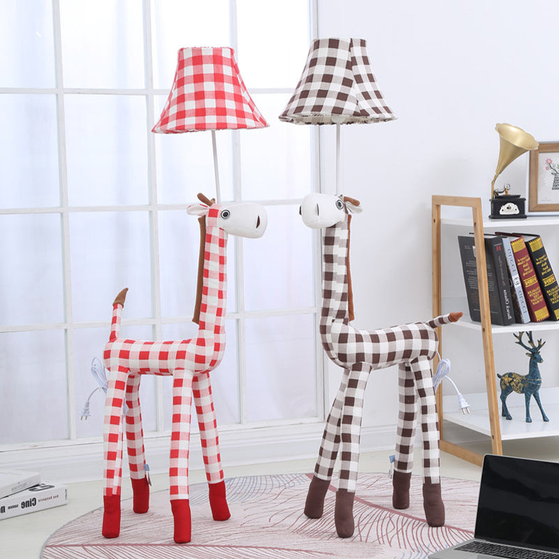 Checkered Fabric Deer Floor Light Kids 1-Head Coffee/Red Floor Reading Lamp with Bell Shade