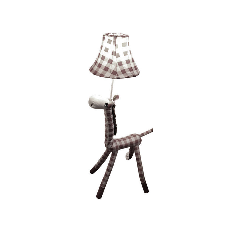 Checkered Fabric Deer Floor Light Kids 1-Head Coffee/Red Floor Reading Lamp with Bell Shade