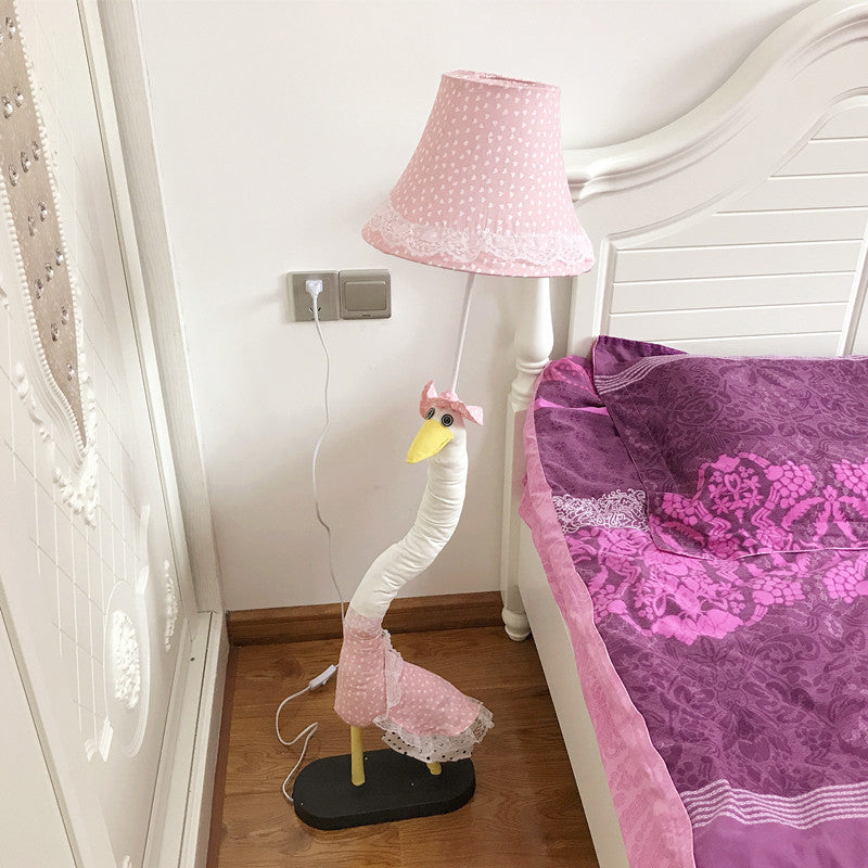 Lace-Trim Flared Dotted Fabric Floor Lamp Cartoon Single Pink Standing Floor Light with Plush Goose Base