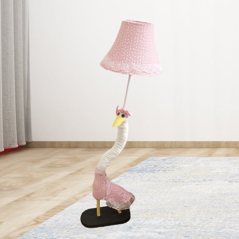 Lace-Trim Flared Dotted Fabric Floor Lamp Cartoon Single Pink Standing Floor Light with Plush Goose Base