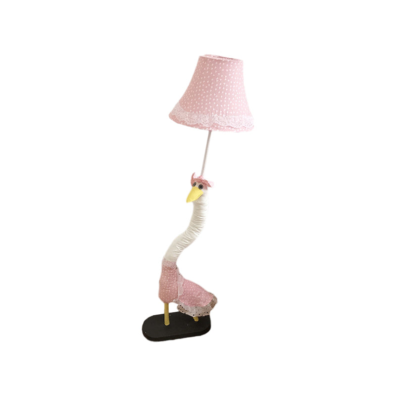 Lace-Trim Flared Dotted Fabric Floor Lamp Cartoon Single Pink Standing Floor Light with Plush Goose Base