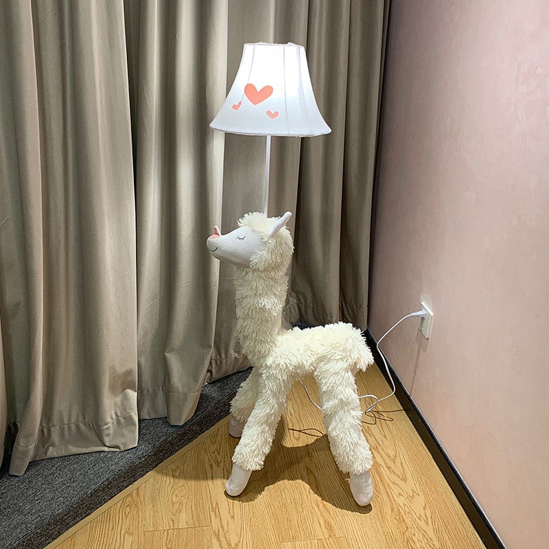 White Soft Plush Alpaca Standing Light Cartoon 1 Head Fabric Floor Lamp with Patterned Shade