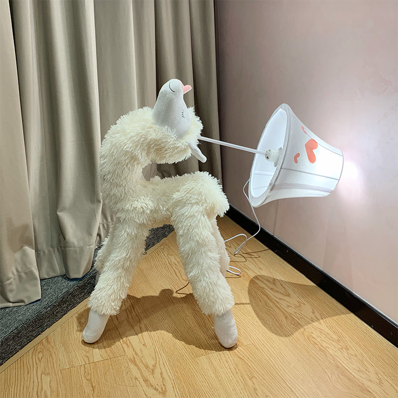 White Soft Plush Alpaca Standing Light Cartoon 1 Head Fabric Floor Lamp with Patterned Shade