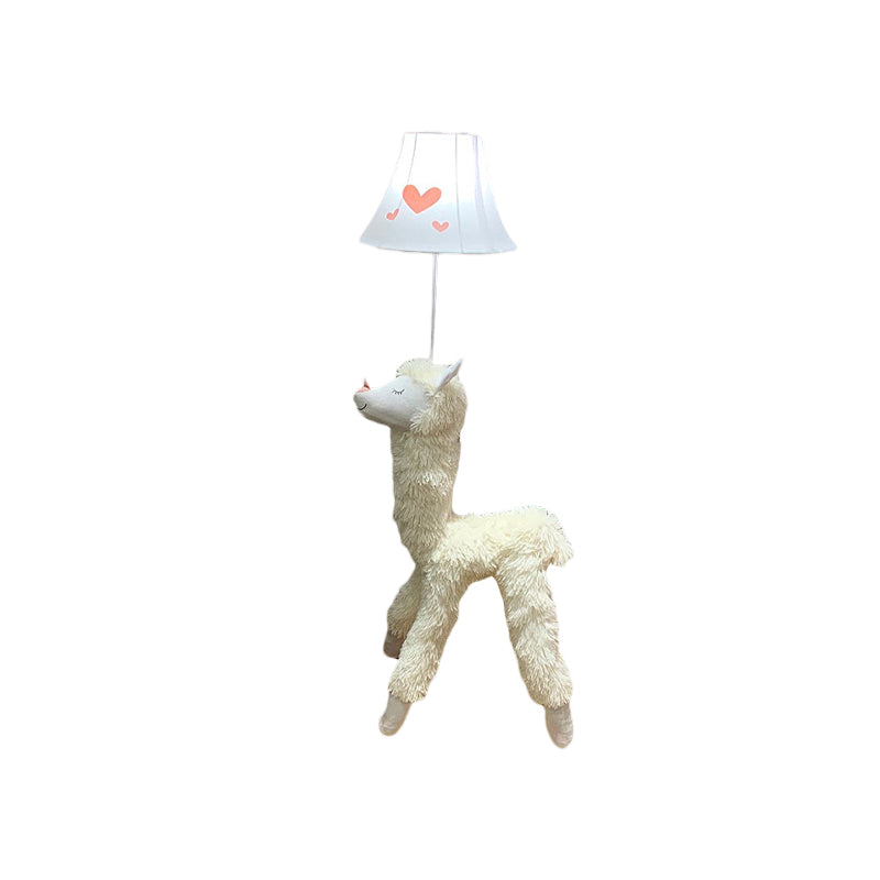 White Soft Plush Alpaca Standing Light Cartoon 1 Head Fabric Floor Lamp with Patterned Shade