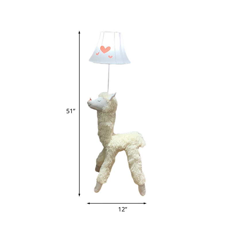 White Soft Plush Alpaca Standing Light Cartoon 1 Head Fabric Floor Lamp with Patterned Shade