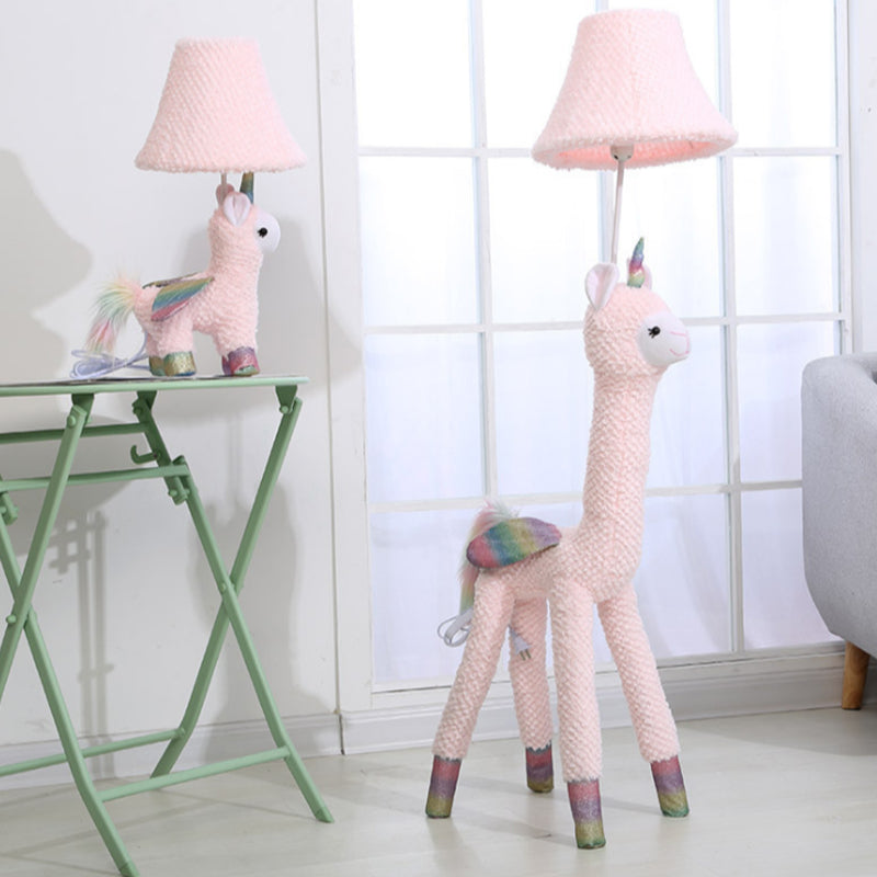 Kids 1-Light Reading Floor Lamp Pink Plush Alpaca Standing Floor Light with Fabric Shade