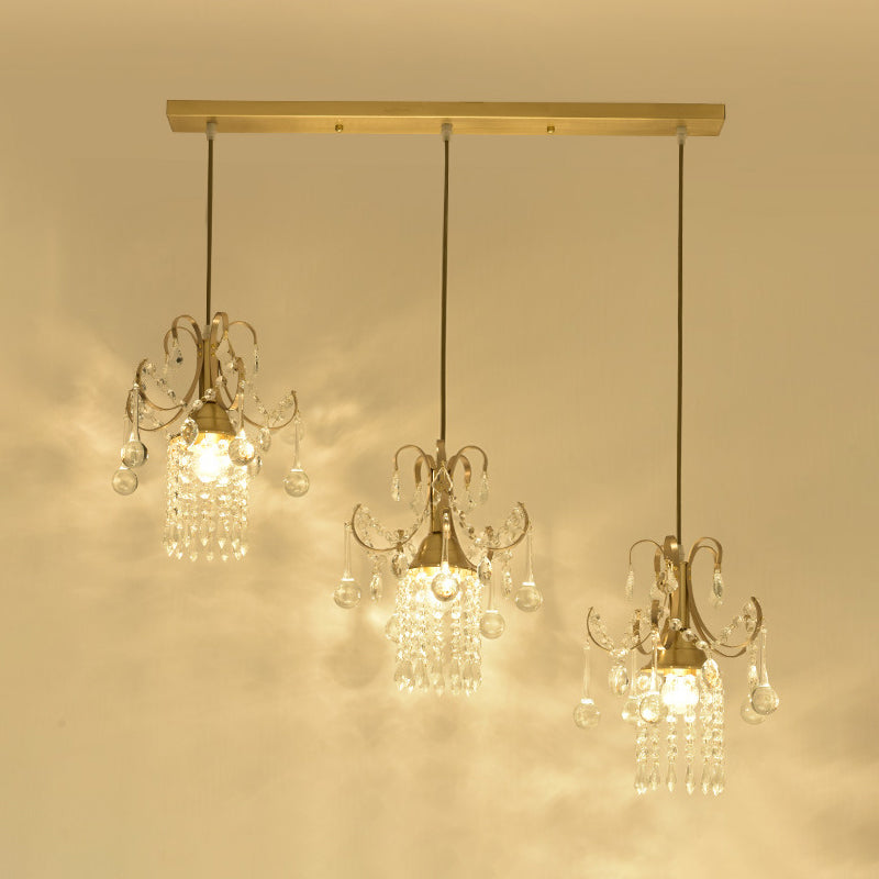 Postmodern Rain Cluster Pendant Light 3 Bulbs Clear K9 Crystal Suspension Lamp in Gold for Dining Room