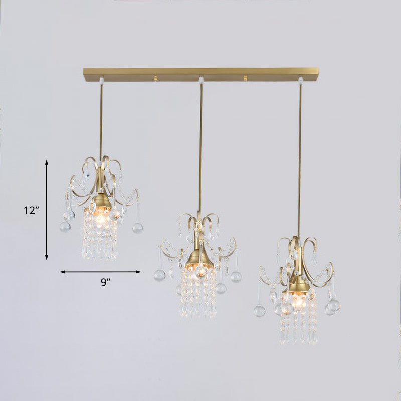 Postmodern Rain Cluster Pendant Light 3 Bulbs Clear K9 Crystal Suspension Lamp in Gold for Dining Room