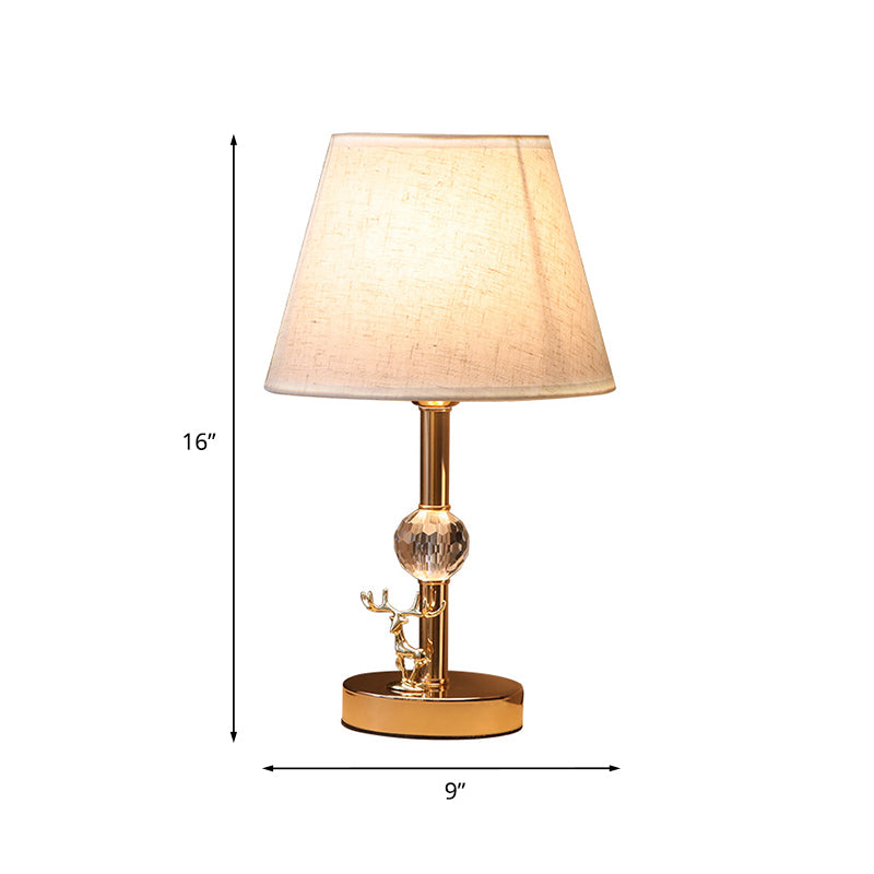 Minimalism Cone Table Light 1 Head Fabric Night Lamp in Gold with Crystal and Deer Decoration