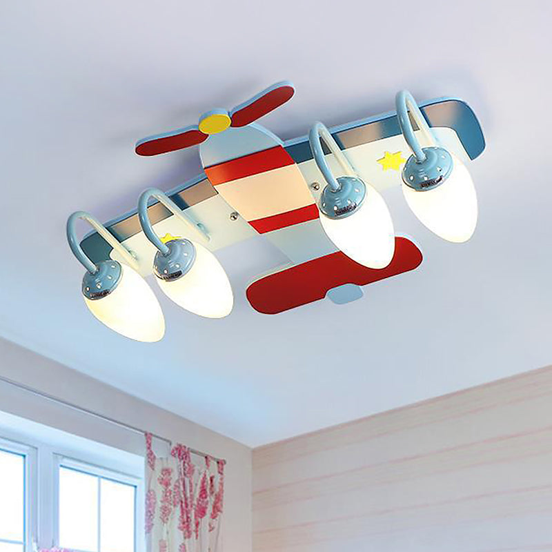 Houten vliegtuig plafond spoelcartoon 4-licht blauw en rode flush mount lamp met kogel opaalglas schaduw