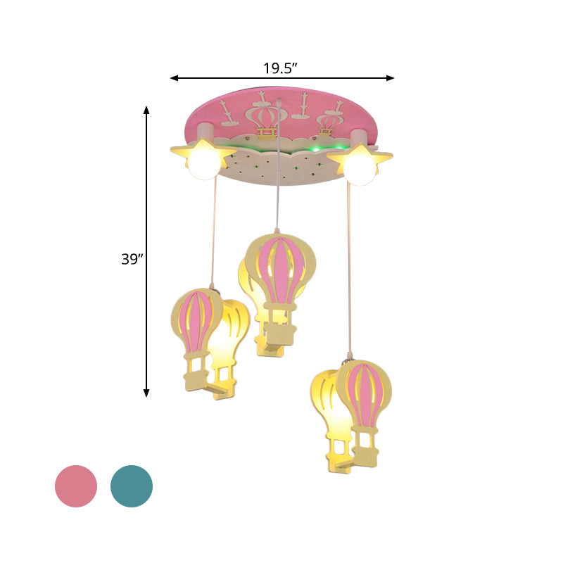 Hot Air Balloon Semi Flush Cartoon Wooden 5 Bulbs Pink/Blue Ceiling Flush Mount Light for Nursery