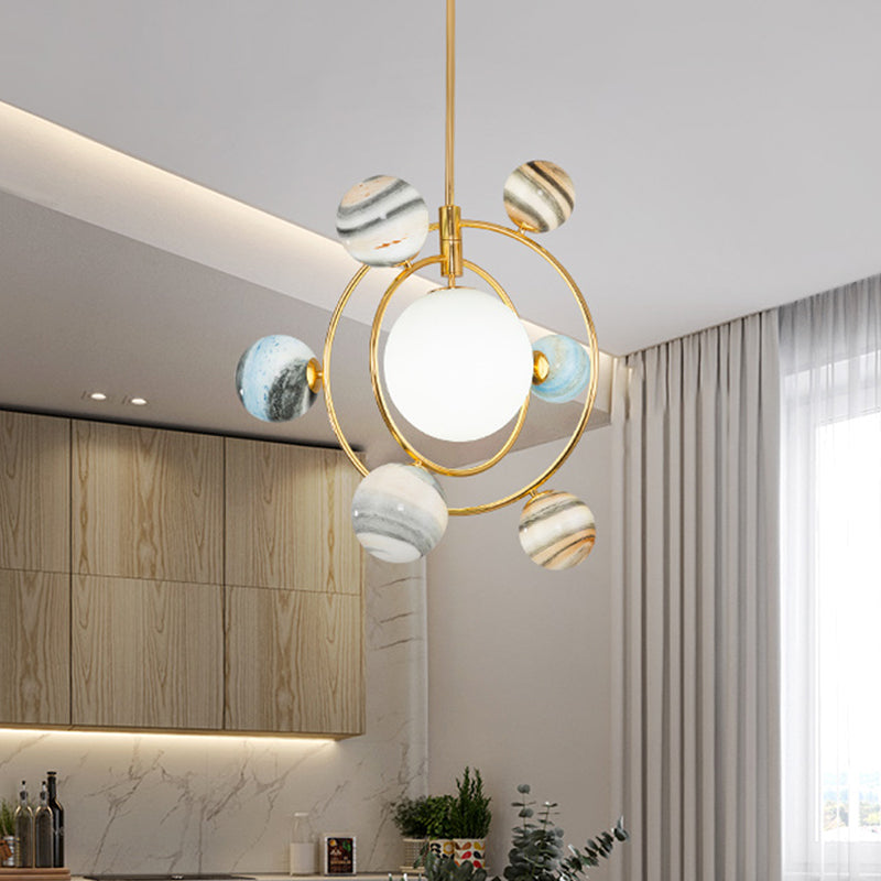 7-Light Nursery Pendant Nordic Gold Chandelier Light Fixture with Planet Frosted Glass Shade