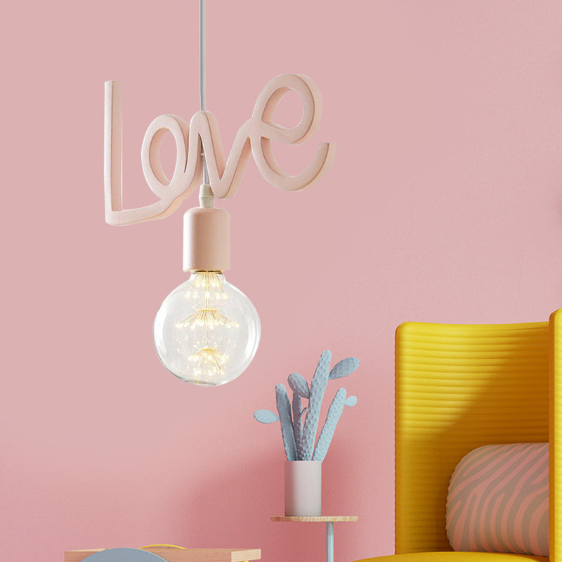 Macaroon Bare Bulb Drop Lamp Resin 1 Bulb Living Room Pendant in Pink with Letter Design