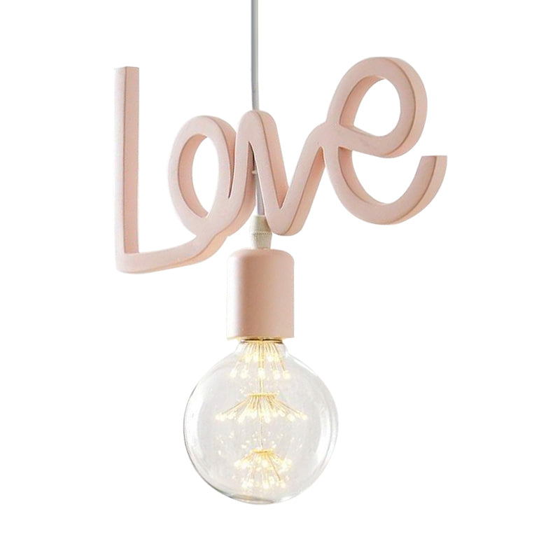 Macaroon Bare Bulb Drop Lamp Resin 1 Bulb Living Room Pendant in Pink with Letter Design