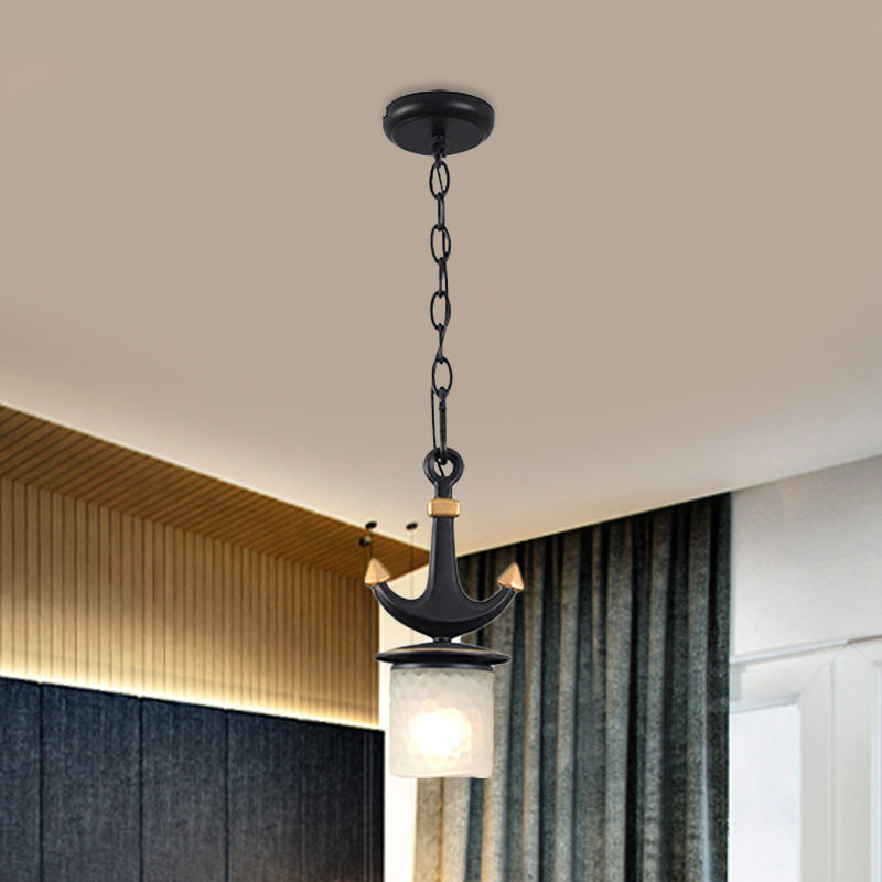Bell/Cylinder Drop Pendant Mediterranean Cream Glass 1 Head Black Ceiling Light with Anchor Design, Small/Large