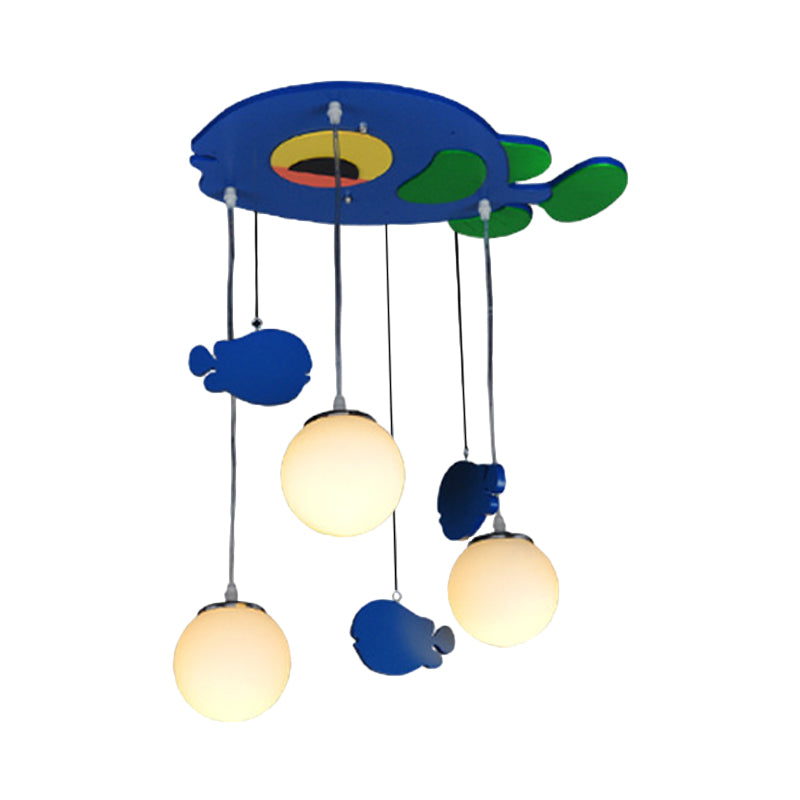 Fish Wooden Multi Light Pendant Kids 3 Bulbs Blue Hanging Lamp with Orb White Glass Shade