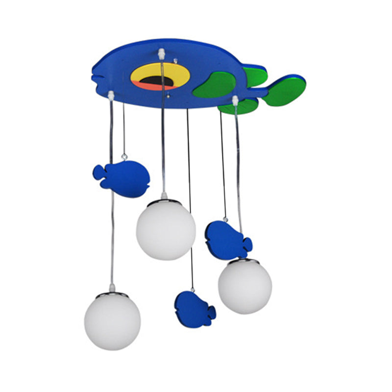 Fish Wooden Multi Light Pendant Kids 3 Bulbs Blue Hanging Lamp with Orb White Glass Shade