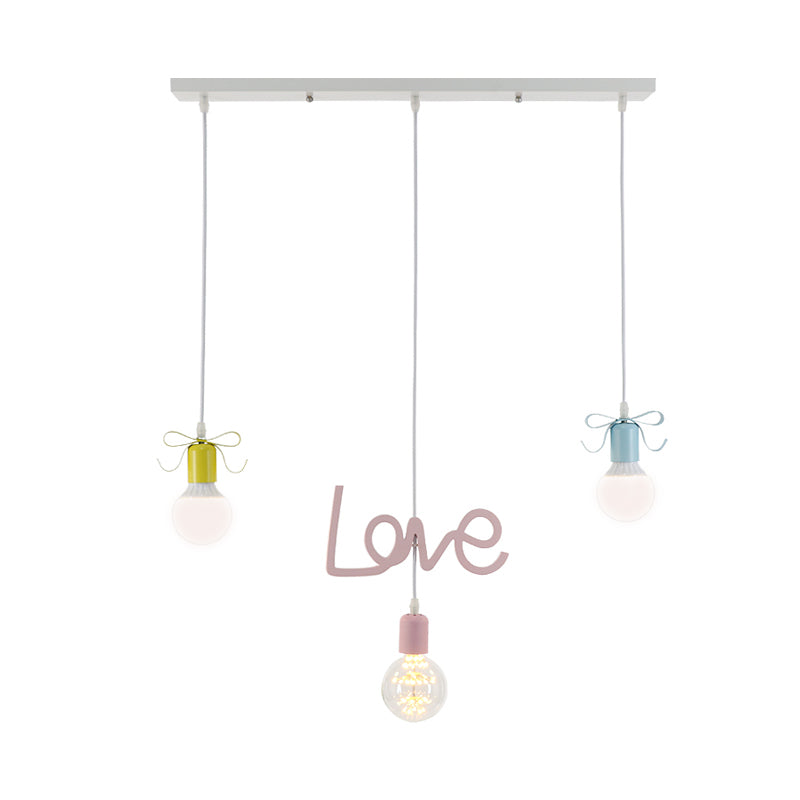 Bare Bulb Resin Cluster Pendant Macaroon 3-Light Red-Yellow-Blue Ceiling Light with Bow and Letter Design