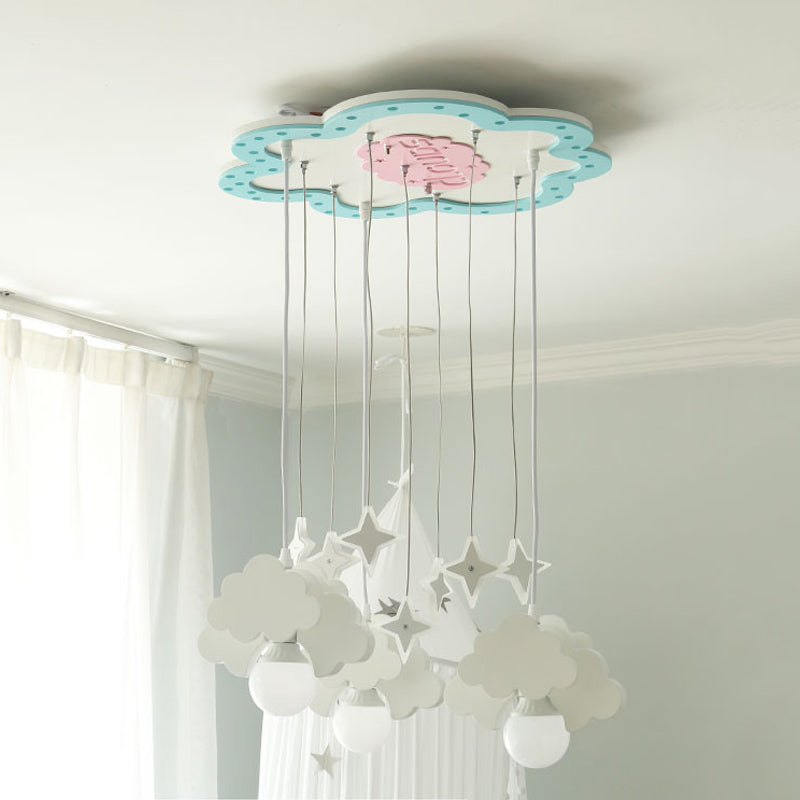 Wooden Cloud Cluster Pendant Light Kids 3 Bulbs Blue and White Suspension Lamp for Nursery
