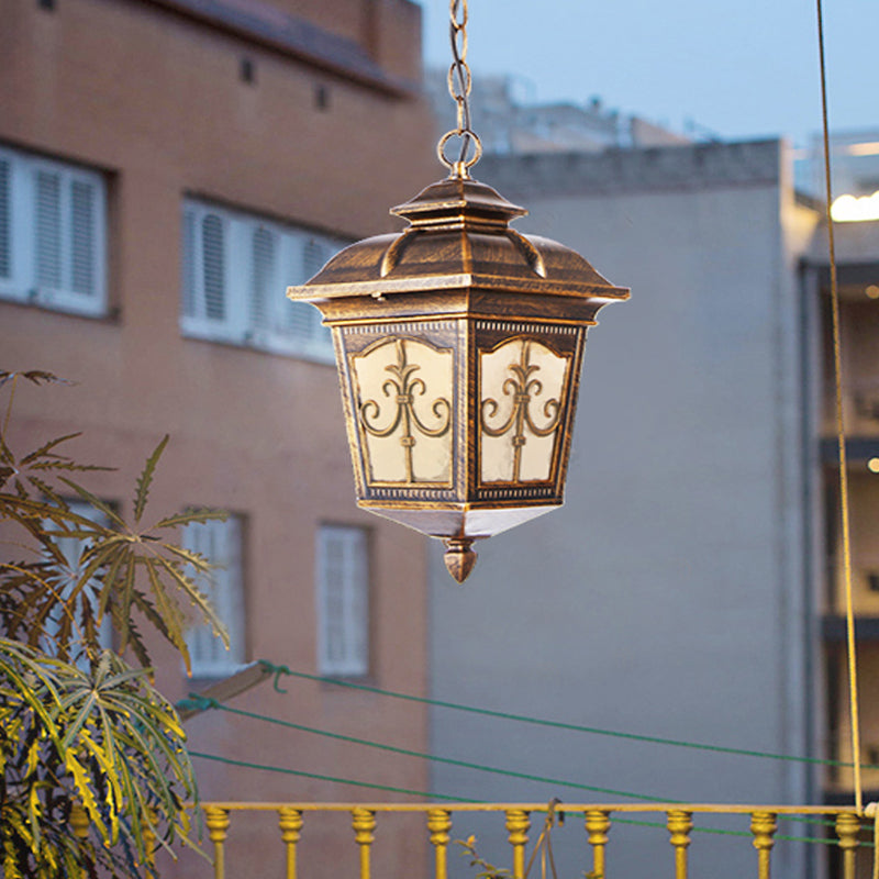 Clear Ripple Glass Black/Bronze Ceiling Lamp Lantern Shaped 1-Light Farmhouse Pendant Light Fixture for Patio
