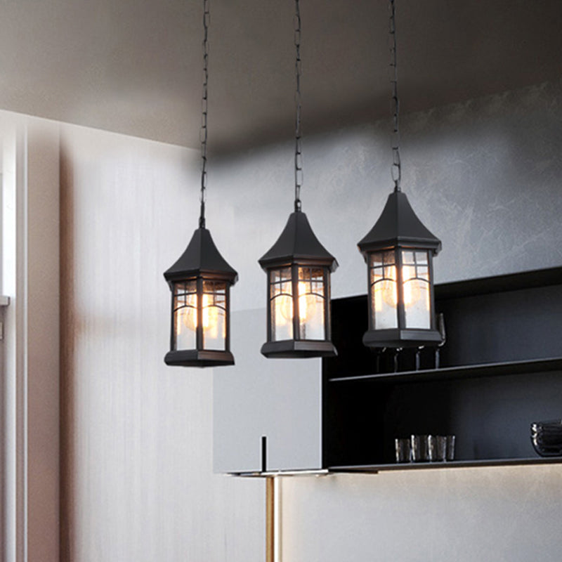 Cottage Lantern Multi Plafond Light 3 Lichten Duidelijke Bubble Glass Suspension Lighting in zwart met lineaire luifel