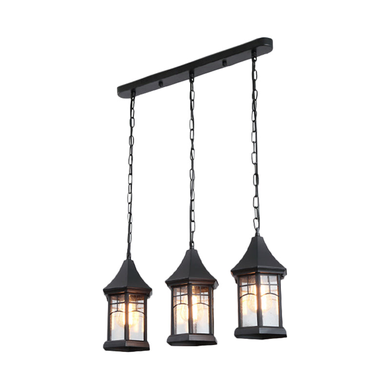 Cottage Lantern Multi Ceiling Light 3 Lights Clear Bubble Glass Suspension Lighting in Black with Linear Canopy