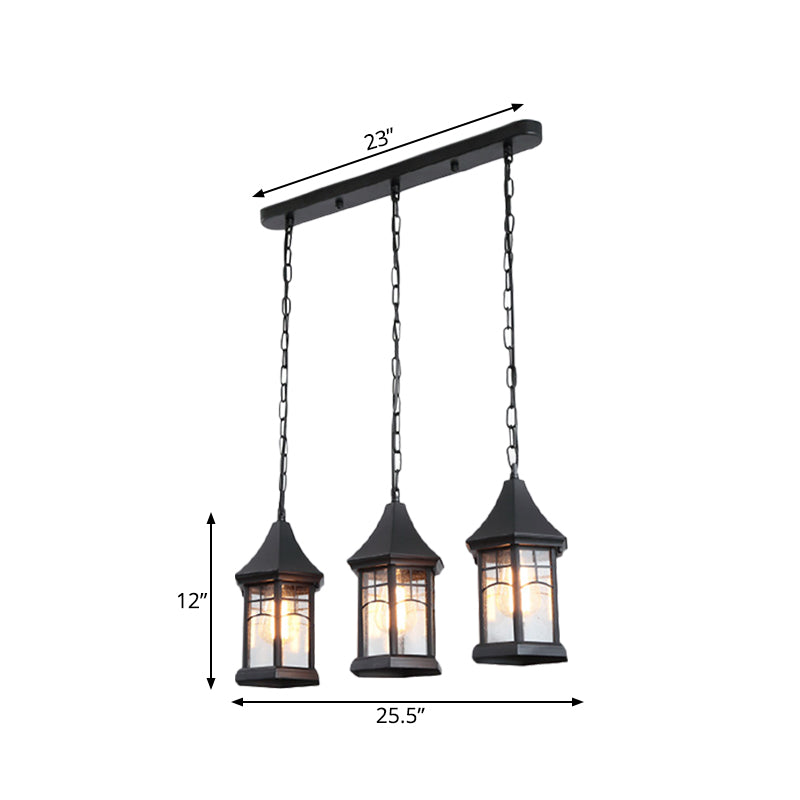 Cottage Lantern Multi Plafond Light 3 Lichten Duidelijke Bubble Glass Suspension Lighting in zwart met lineaire luifel