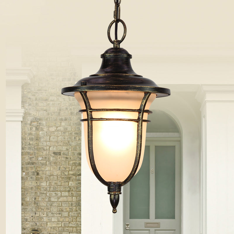 Black Urn-Shaped Down Lighting Lodge Frosted Glass Single Bulb Balcony Ceiling Pendant Light