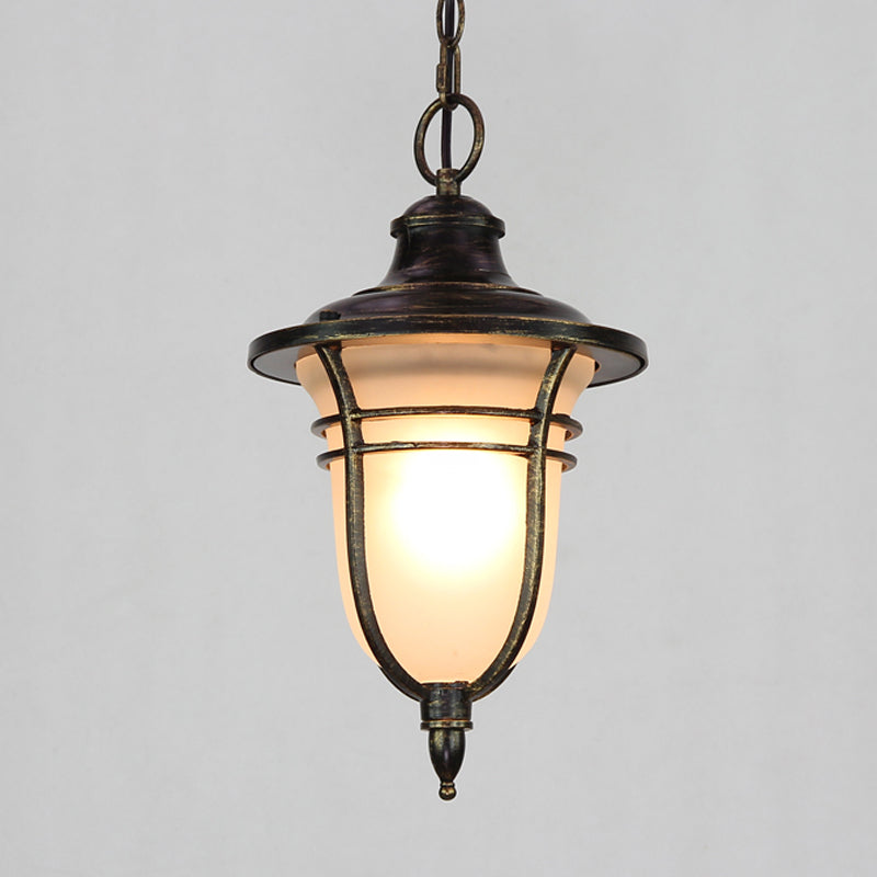 Black Urn-Shaped Down Lighting Lodge Frosted Glass Single Bulb Balcony Ceiling Pendant Light