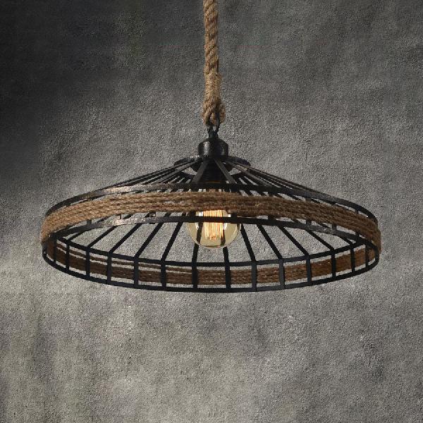 Conic Cage Restaurant Suspension Light Vintage Rope and Metal 1 Light Black Hanging Light in Aged Silver/Black